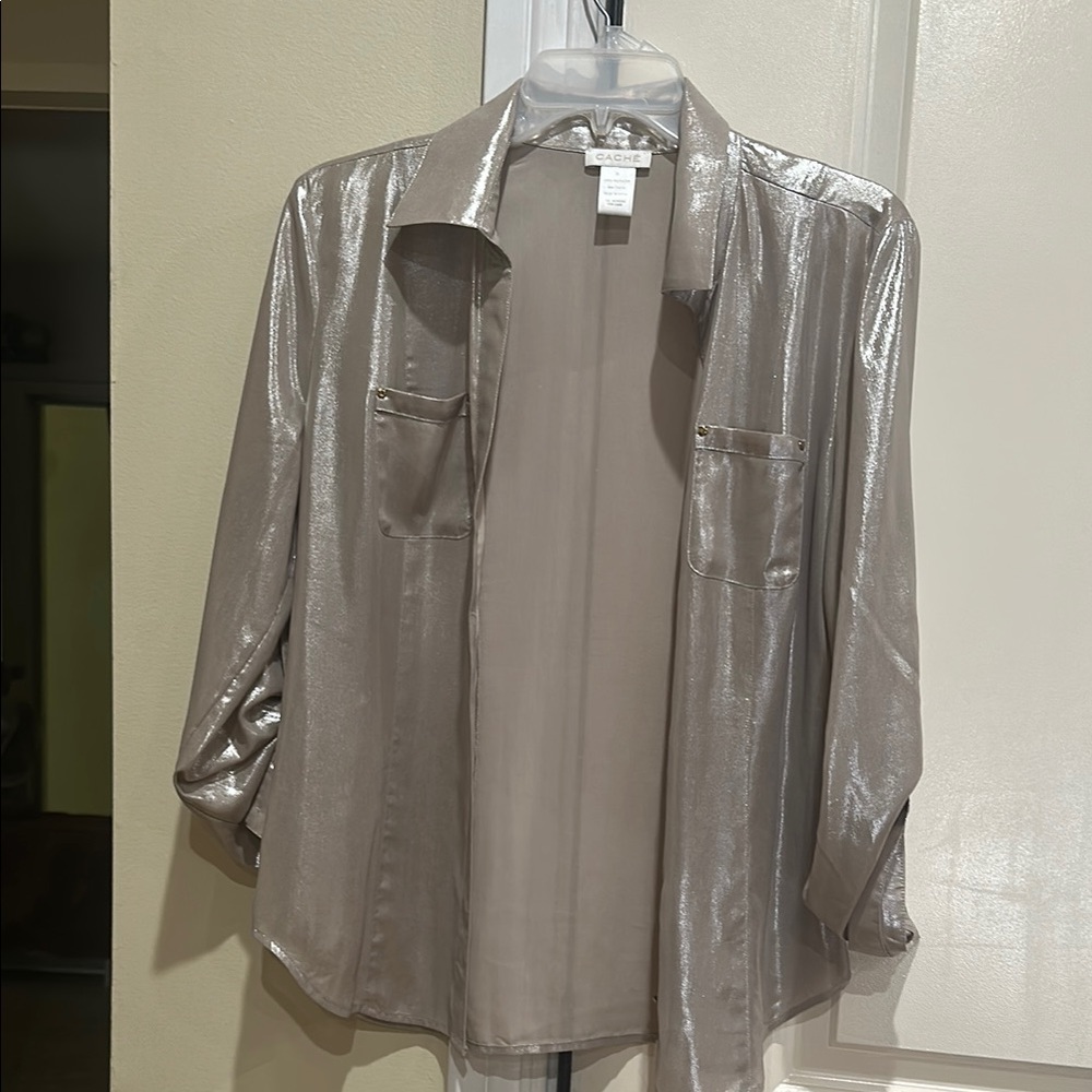 Cache Metallic Silver Blouse. Gorgeousness shimmery, soft light weight.